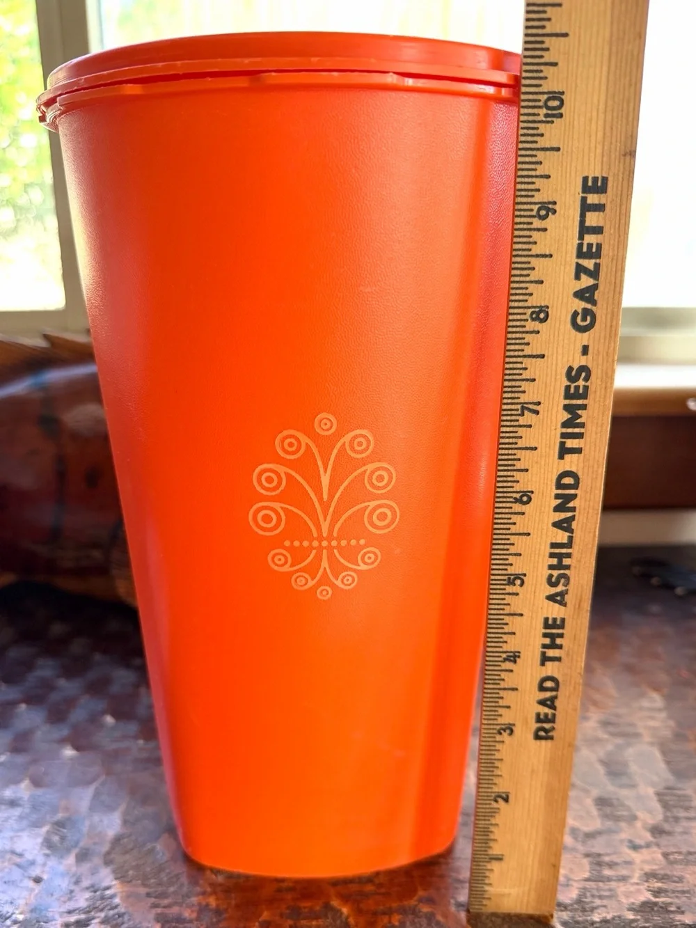 Vintage 1970s Tupperware tangerine orange tall Servalier canister (model #1222)